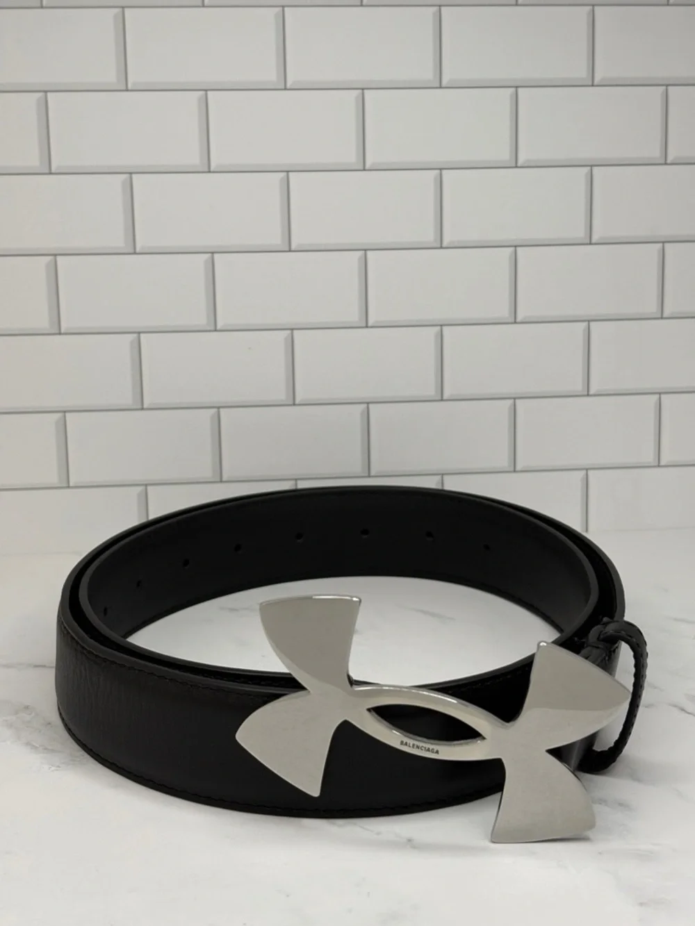 Balenciaga x Under Armour Black Leather Men's Belt with Silver Logo Buckle